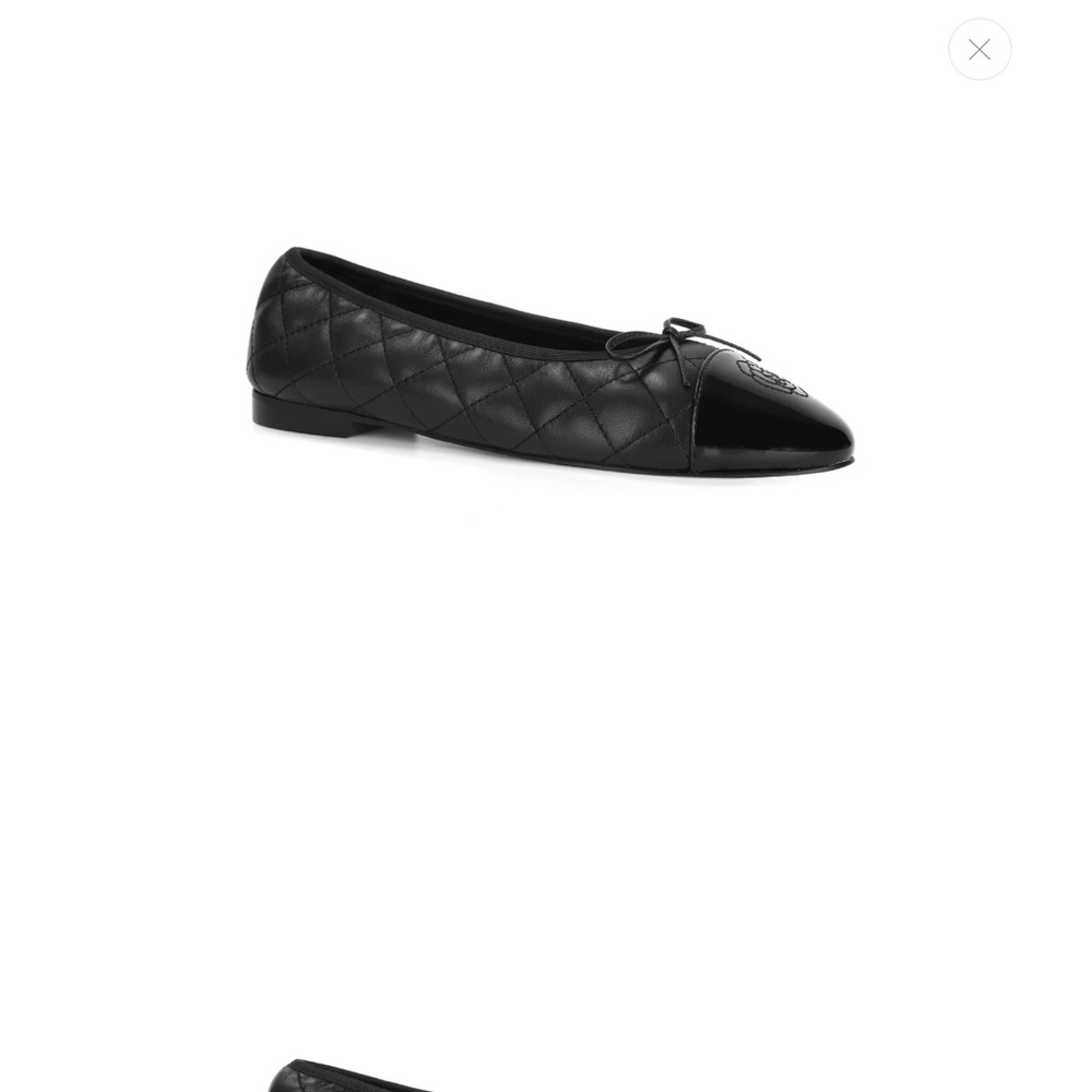 Black Quilted Leather Ballet Flats with Bow and Patent Toe Cap